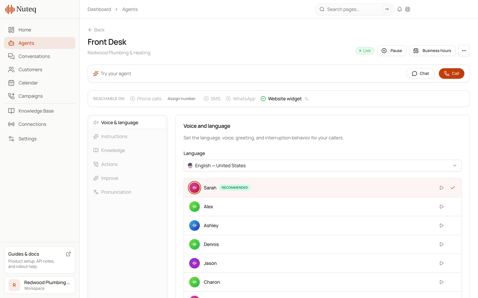 The Nuteq AI agent editor with voice and language settings for a receptionist named Front Desk.