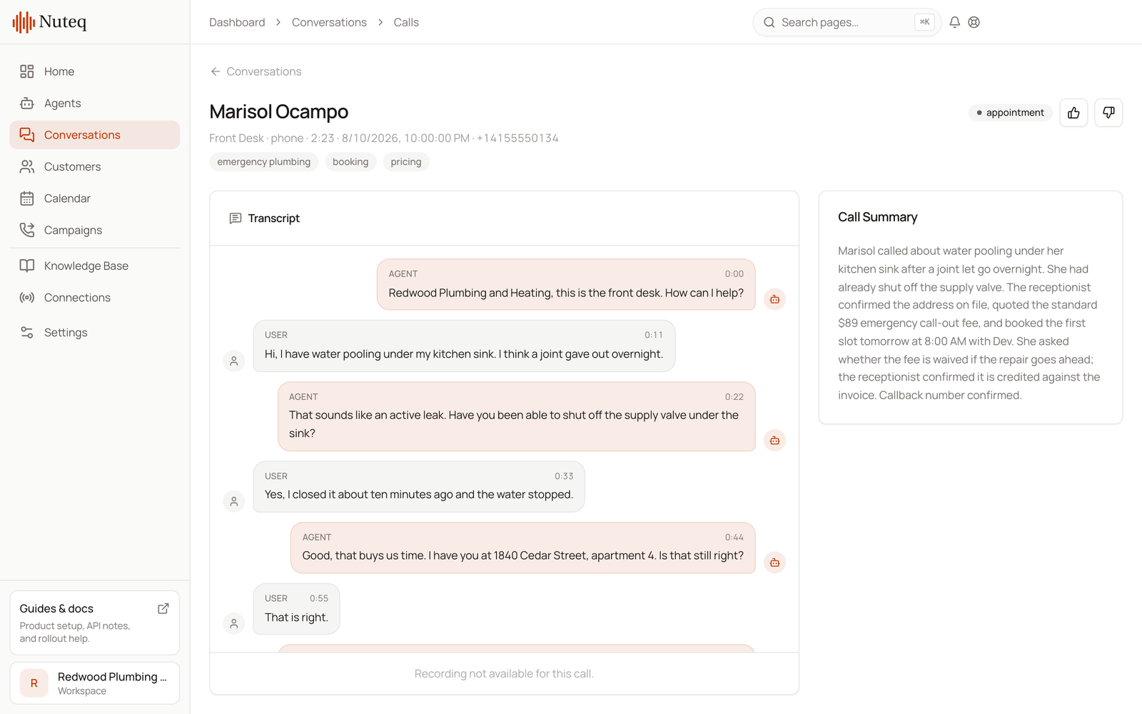 A Nuteq AI call record showing the transcript of an emergency plumbing call beside its written summary.